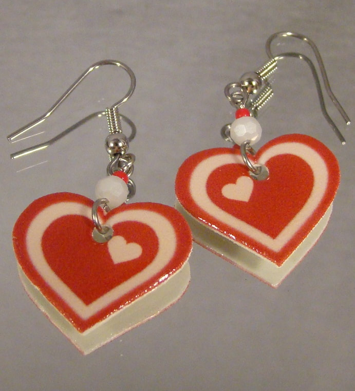 Handmade Wooden cupid double hearts Valentines EARRINGS 2 DANGLE CUTE HIP